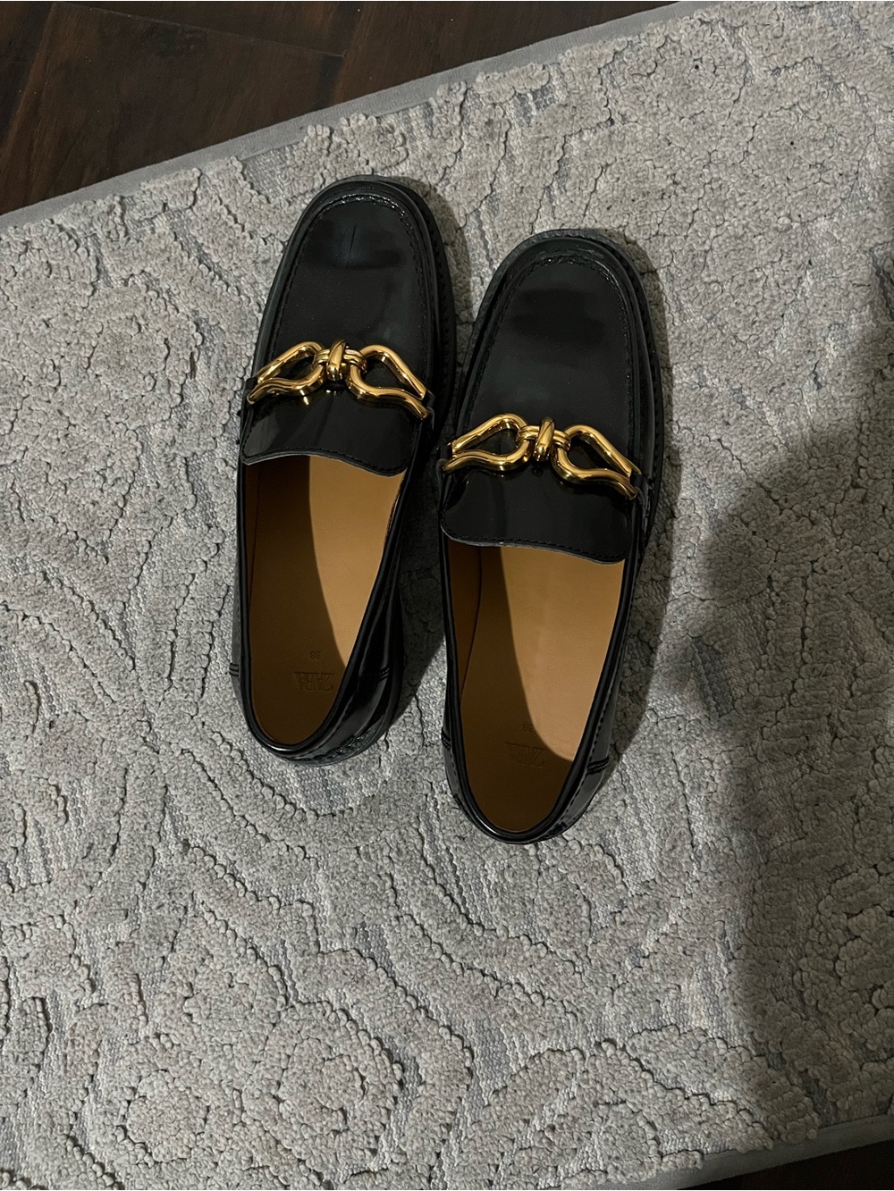 NWOT Zara Black Patent Moccasins with Gold Chain Accent